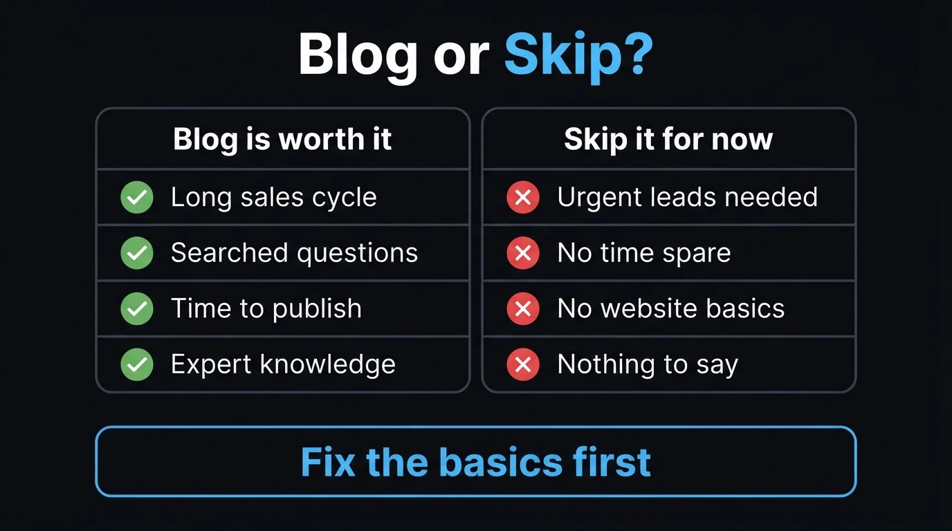 Infographic comparing when a business blog is worth it (long sales cycle, searched questions, time to publish, expert knowledge) versus when to skip it (urgent leads needed, no time spare, no website basics, nothing to say)